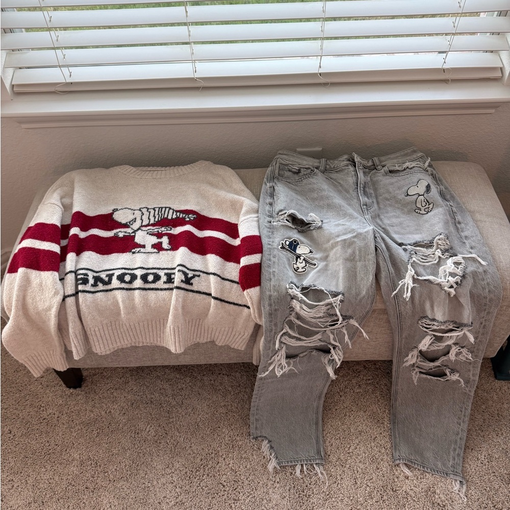 Snoopy Sweater and Ripped Jeans Set